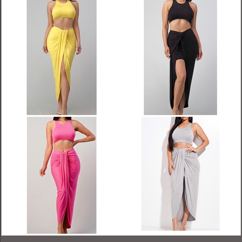 spandex cropped top and ruched midi skirt 2pcs set